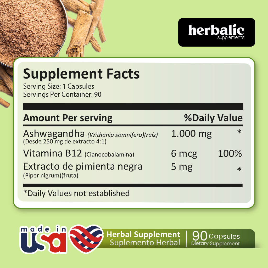Ashwagandha 1000 mg, 90 Cápsulas - ¡Despídete Del Estrés y Mejora Tu Bienestar Para Una Vida Plena y Equilibrada!