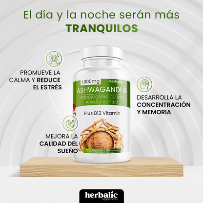 Ashwagandha 1000 mg, 90 Cápsulas - ¡Despídete Del Estrés y Mejora Tu Bienestar Para Una Vida Plena y Equilibrada!