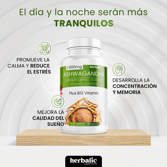 Ashwagandha 1000 mg, 90 Cápsulas - ¡Despídete Del Estrés y Mejora Tu Bienestar Para Una Vida Plena y Equilibrada!